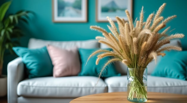 pampas grass in glass vase on coffee table in living room photo
