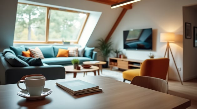 teal sofa with and beige pillows in a modern living room photo