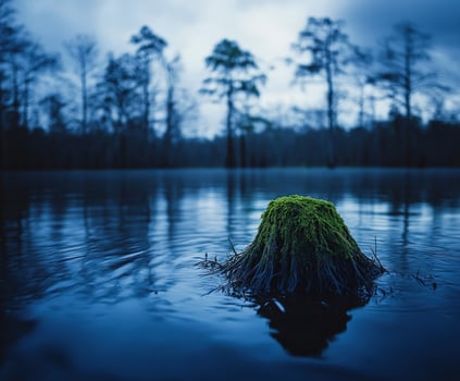 A mossy tree stump in the middle of a lake photo