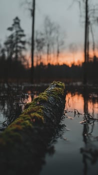 A log in the middle of a swamp at sunset photo