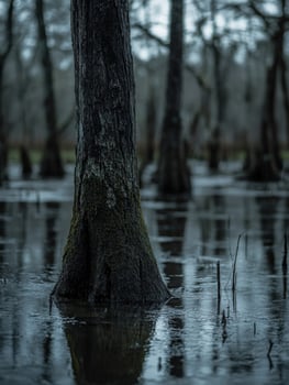 A tree trunk is submerged in water photo