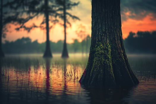 Misty lake at sunset with trees reflecting on the water photo