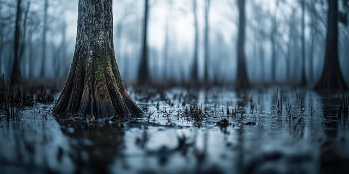 Foggy swamp landscape with cypress trees at dusk photo