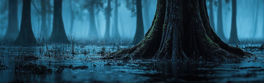 A swamp with trees and water at night photo