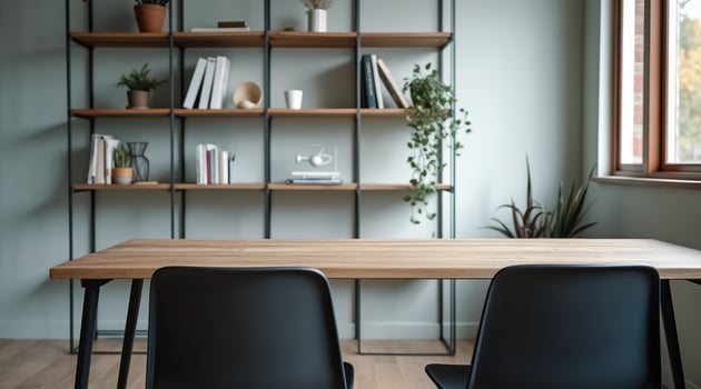 light oak wood table with two black chairs in a minimalist room setting photo