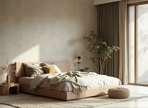 minimalist bedroom with low platform bed and neutral bedding photo