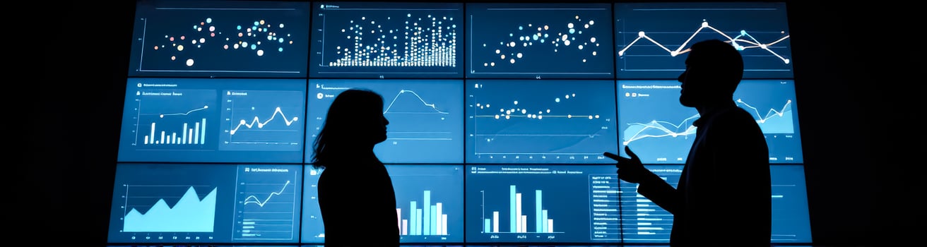 two silhouetted businesspeople analyzing data on multiple screens photo