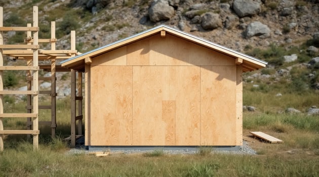 newly built light brown wooden house stands on a grassy area against a rocky background photo