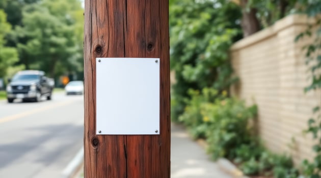 blank white sign attached to wooden on residential street photo