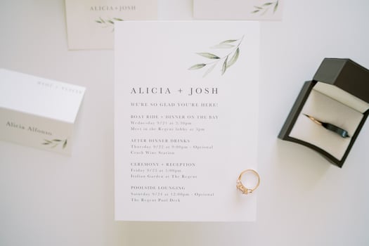 Engagement ring lies on a wedding invitation next to a box and name cards photo