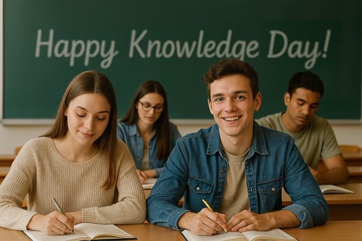A group of students sitting at a table with a chalkboard that says happy knowledge day photo