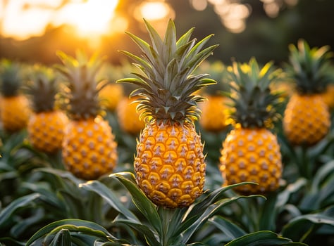 Sunset over golden fields. Pineapples thrive in a lush field, illuminated by the warm glow of the setting sun creating a picturesque landscape. photo