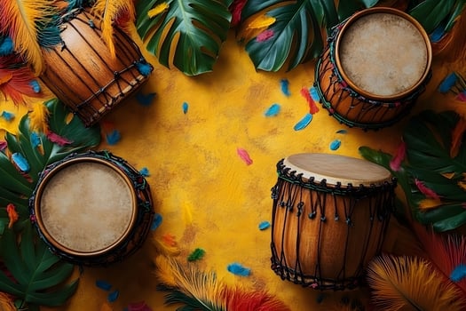 Vibrant Caribbean Drumming with Colorful Feathers and Tropical Leaves for Festive Decor photo