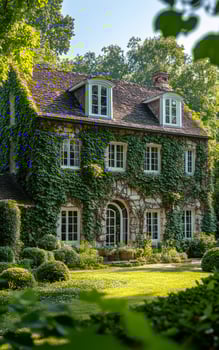 Charming ivy-covered house in nature. A beautiful house covered in ivy sits in a lush green landscape, surrounded by manicured shrubs and tall trees. photo