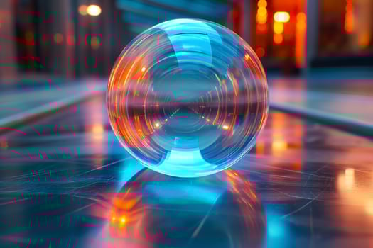 An abstract glass orb reflecting vibrant orange and blue lights on a sleek surface. photo