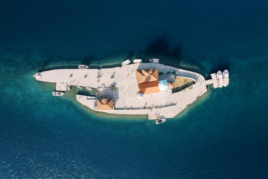Church of Our Lady of the Rocks on the island of Gospa od Skrpjela. Montenegro. Top view photo