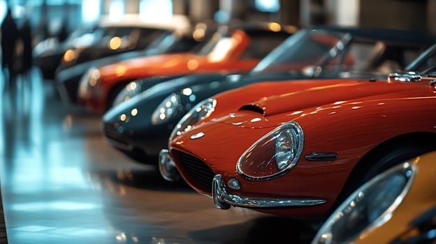 Classic red sports car leading a row of vintage automobiles photo