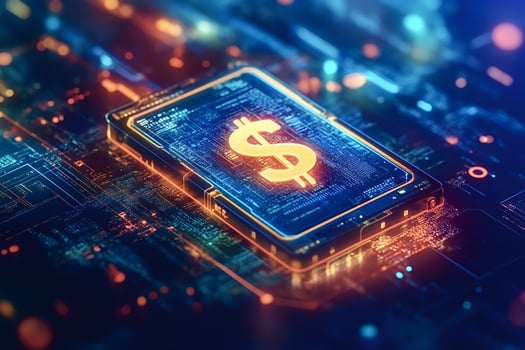 Dollar sign glowing on futuristic microchip circuit board photo