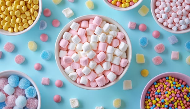 Colorful Candy Bowl Overhead Shot Sweet Treats Vibrant Background Copyspace photo