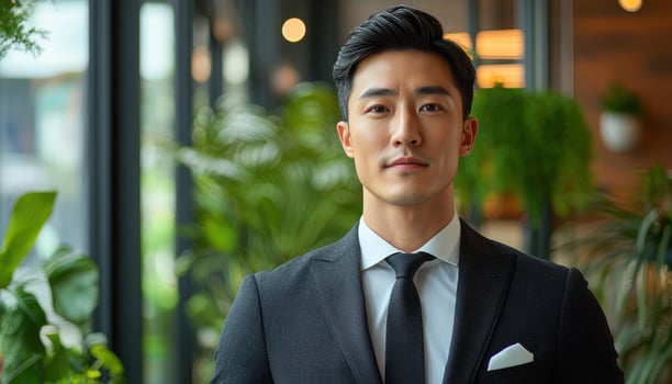 Elegant Young Asian Man in Black Suit Indoor Background Professional Portrait with Copyspace photo