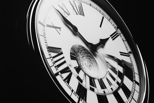 A black and white photo of a clock with roman numerals