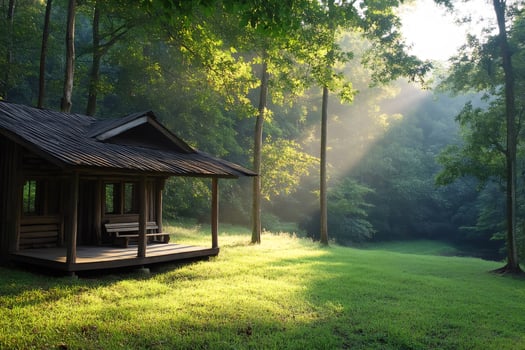Sun rays illuminating wooden cabin in forest clearing photo