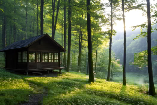 Wooden cabin illuminating the forest at sunrise photo