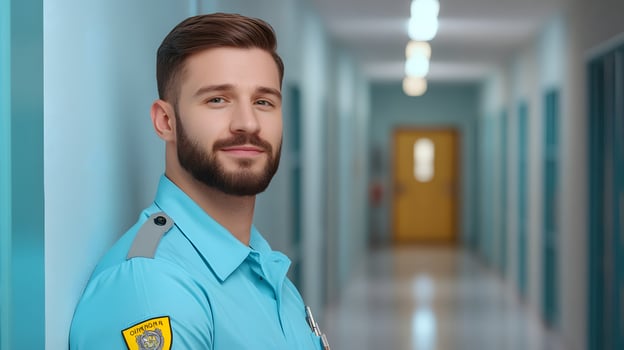 A uniformed corrections officer standing in the hallway of a prison facility overseeing and ensuring the safety and security of the institution photo