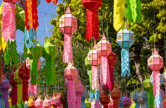colorful hanging lanterns lighting in new year festival at thailand photo