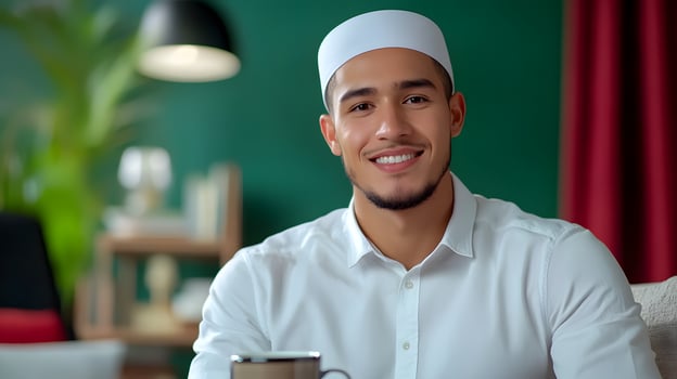 A young smiling Muslim man sitting in an office working on a laptop and developing a startup idea photo