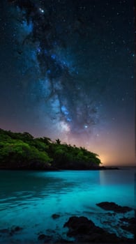 The milky shines brightly over the water and trees photo
