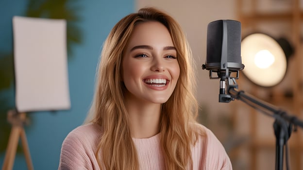 Cheerful confident woman with long blonde hair recording a podcast in her cozy home studio surrounded by professional audio equipment photo