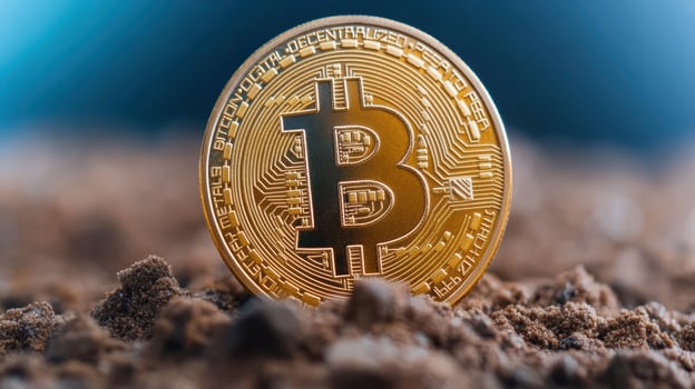 stunning visual of Bitcoin coin resting on textured soil, symbolizing growth and investment photo