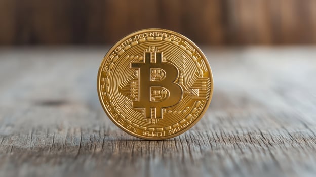 Bitcoin on wooden table with wooden background photo