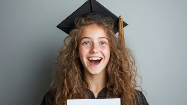 Excited graduate wearing cap and gown, holding diploma with joyful expression photo