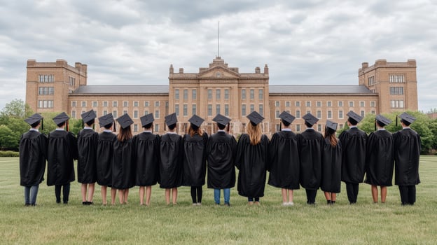Graduation ceremony with students in caps and gowns standing together outdoors photo