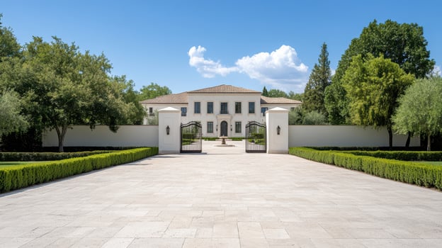 A large white house with a gate and hedges photo