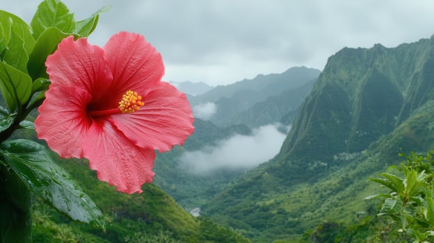 Vibrant Pink Hibiscus Flower Blooms Against a Misty Mountain Valley Background photo