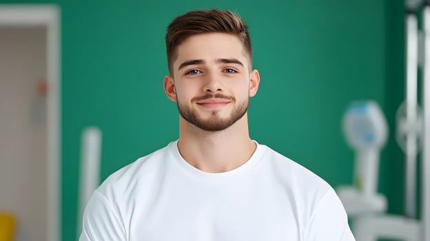 A smiling confident young man in a white shirt stands in a bright green office setting portraying a physical therapist or healthcare professional in their work environment photo