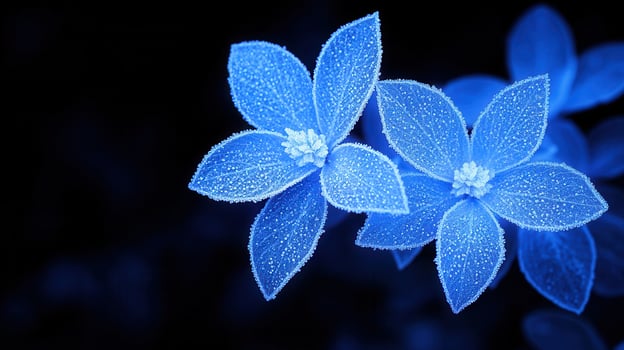 Stunning Close up of Blue Flowers Covered in Frost Delicate Petals Sparkling in the Dark photo