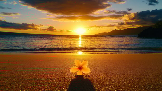 Serene Sunset Beach Scene Single Plumeria Flower on Golden Sand photo