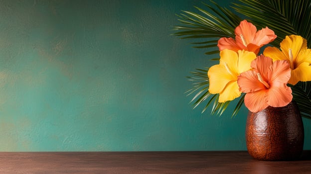 Vibrant Hibiscus Flowers in Brown Vase Against Teal Wall Background Tropical Floral Arrangement photo