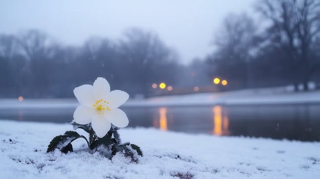 Delicate Snowdrop Flower Blooming in Winter Wonderland by Frozen Lake photo