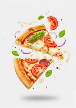 Delicious Floating Pizza Slice with Fresh Ingredients photo