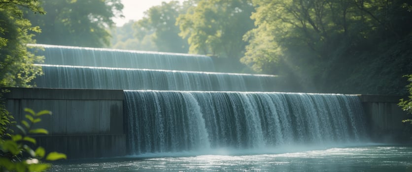 Beautiful scene of water falling over an artificial barrier in nature photo