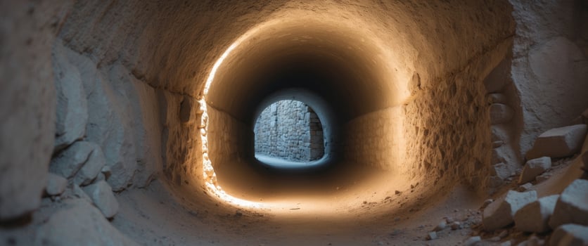 Mysterious Subterranean Tunnel with Soft Lighting and Stone Walls. photo