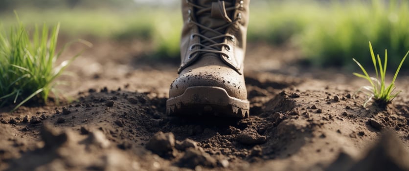 A person wearing a pair of boots walking in the dirt photo