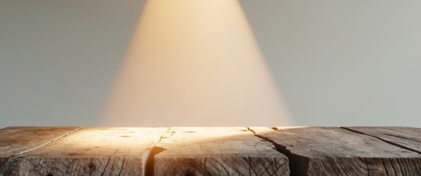 Light illuminating a rustic wooden cutting board. photo