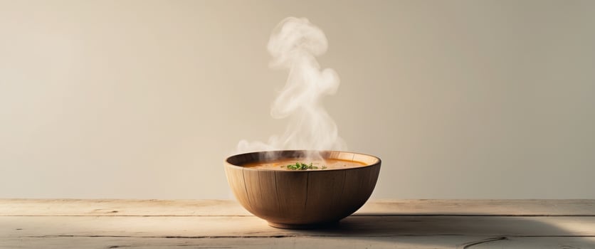 A bowl of steaming soup sits on a wooden table. photo