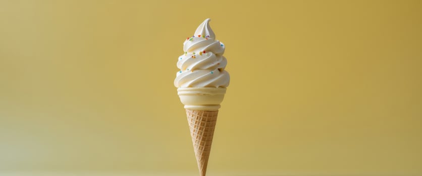 Creamy Vanilla Soft Serve Ice Cream Cone on Yellow Background Delicious Summer Treat. photo